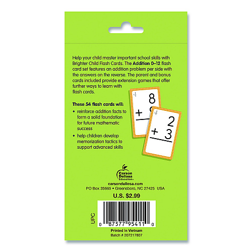 Carson-Dellosa Addition 0 to 12 Flash Cards, 3.25  x 5.25, Assorted Colors, 54 Cards (0769677118)