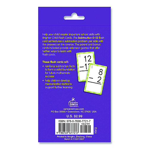 Carson-Dellosa Subtraction 0 to 12 Flash Cards, 3.25 x 5.25, Assorted Colors, 54 Cards (0769677215)