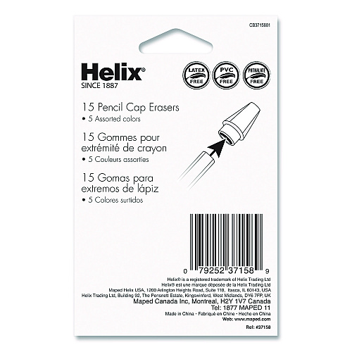Maped Helix Classic Pencil Cap Erasers, For Pencil Marks, Assorted Colors, 15/Pack (37158)