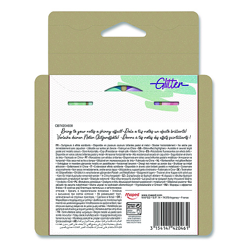 Maped Helix Fluo Peps Pastel Glitter Highlighter, Assorted Ink, Chisel Tip, Assorted Barrel, 4/Pack (742046)