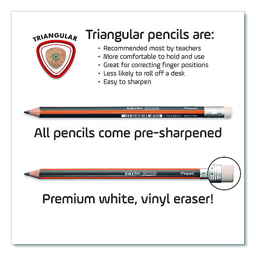 Maped Helix Black'Peps Jumbo Triangular Pencils, HB (#2), Black Lead, Orange/Black Barrel, Dozen (854721ZT)
