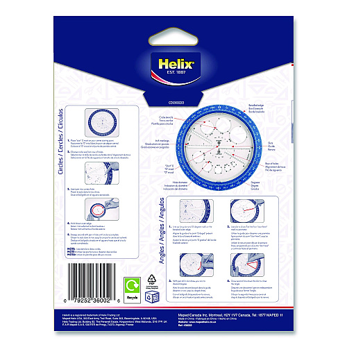 Maped Helix 360 Angle and Circle Maker 2-in-1 Protractor and Compass Tool, 2" Ruler Edge, Plastic, Randomly Assorted Color (36002)