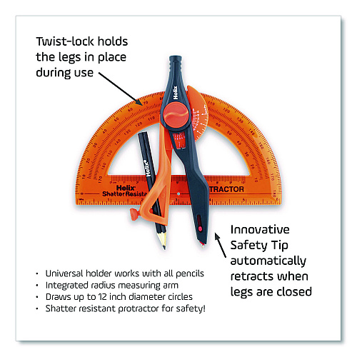 Maped Helix Locking Compass and Protractor Set, 12" Maximum Diameter, 6" Ruler Edge, Randomly Assorted Colors (18803)