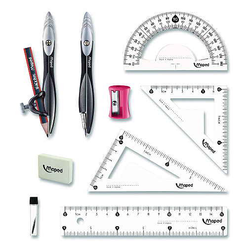Maped Helix Metal Compass and Geometry Set, Metal/Plastic, Black/Clear, 10 Pieces (897010)