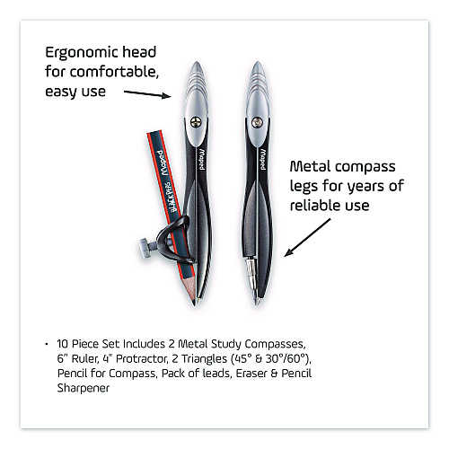 Maped Helix Metal Compass and Geometry Set, Metal/Plastic, Black/Clear, 10 Pieces (897010)