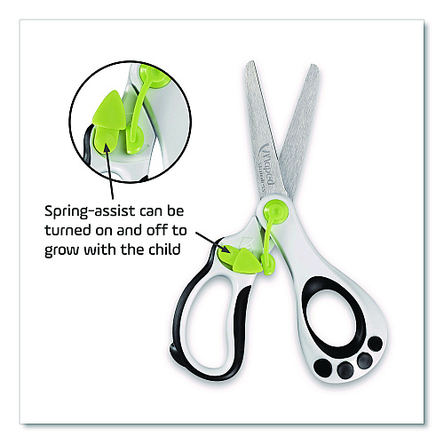 Maped Helix Kidy Spring-Assisted Educational Scissors Rounded Tip, 5.41" Long, 2" Cut Length, Straight White/ Black Handle (470249US)