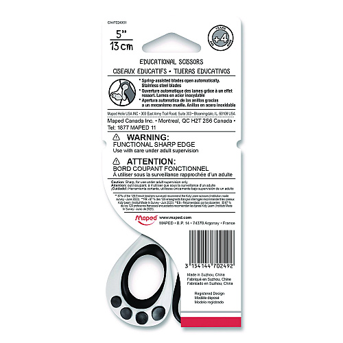 Maped Helix Kidy Spring-Assisted Educational Scissors Rounded Tip, 5.41" Long, 2" Cut Length, Straight White/ Black Handle (470249US)