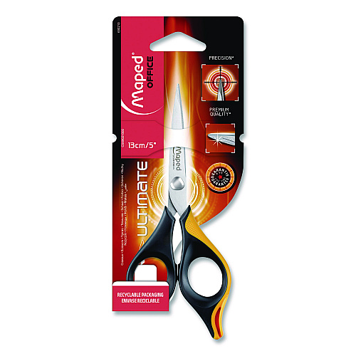 Maped Helix Ultimate Precision Soft Grip Multipurpose Scissors, 5.75" Long, 3" Cut Length, Straight Black/Orange Handle (690210)