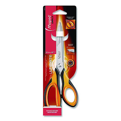 Maped Helix Ultimate Soft Grip Multipurpose Scissors, 8.25" Long, 4.5" Cut Length, Straight Orange/Black Handle (697710)