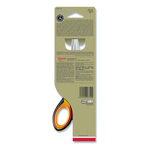 Maped Helix Ultimate Soft Grip Multipurpose Scissors, 8.25" Long, 4.5" Cut Length, Straight Orange/Black Handle (697710)