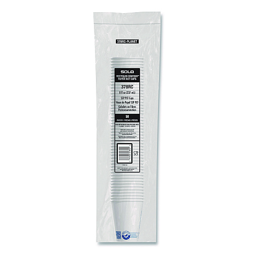 SOLO Recycled Content PCF Paper Hot Cups, ProPlanet Seal, 8 oz, White, 50/Pack (378RCPLANEPK)