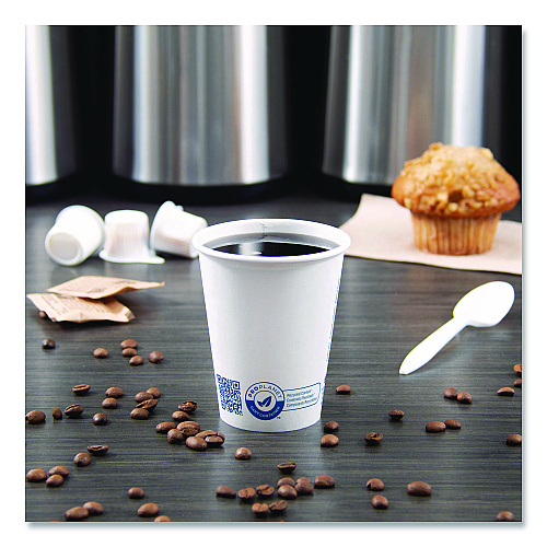 SOLO Recycled Content PCF Paper Hot Cups, ProPlanet Seal, 8 oz, White, 50/Pack (378RCPLANEPK)