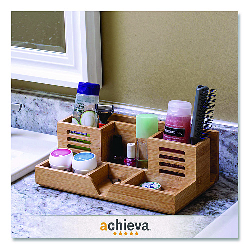 Officemate Bamboo Desk Organizer, 7 Compartments, 14.09 x 8.62 x 5.28, Natural Wood Grain, Bamboo (71001)