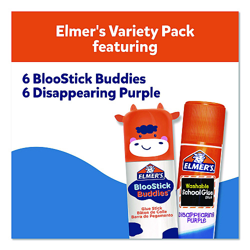 Elmer's BlooStick Buddies and Disappearing Purple Glue Stick Combo Pack, 0.21 oz, Dries Clear, 12/Pack (2213736)