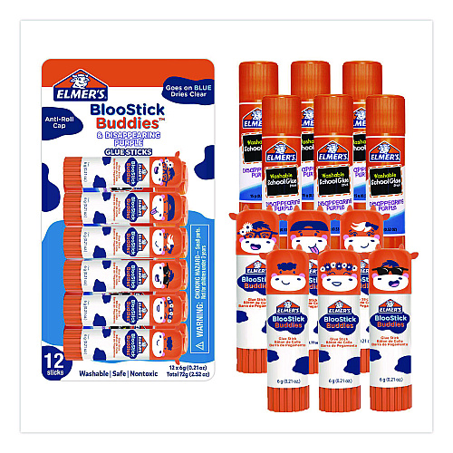 Elmer's BlooStick Buddies and Disappearing Purple Glue Stick Combo Pack, 0.21 oz, Dries Clear, 12/Pack (2213736)