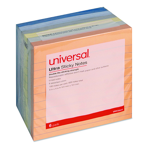Universal Ultra Sticky Note Pads, Note Ruled, 4" x 4", Assorted Colors, 100 Sheets/Pad, 6 Pads/Pack (35633)