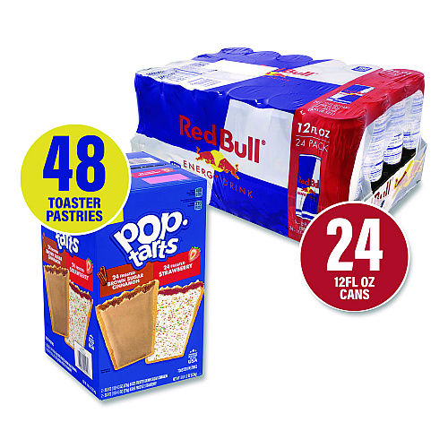 Snack Box Pros Red Bull Energy Drink and Pop Tart Combo Pack,(24) 12oz Cans,(24) Frosted Strawberry/(24) Frosted Brown Sugar Cinnamon/Bundle (60004173)