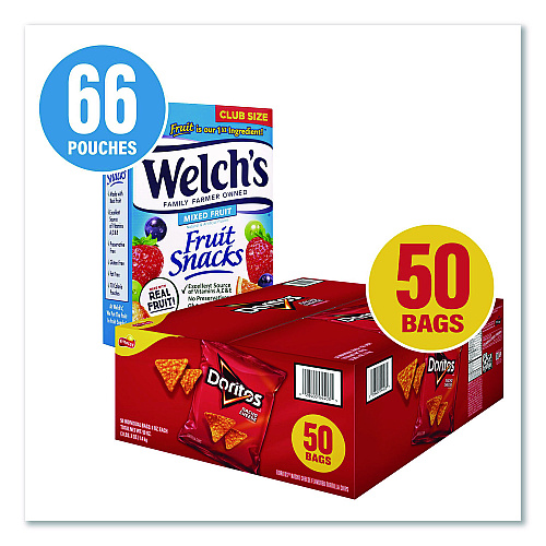 Snack Box Pros Doritos Nacho Cheese Tortilla Chips and Welch's Mixed Fruit Snacks, (50) 1oz Bag Chips, (66) 0.8 oz Pouch Fruit Snacks/Bundle (60004174)