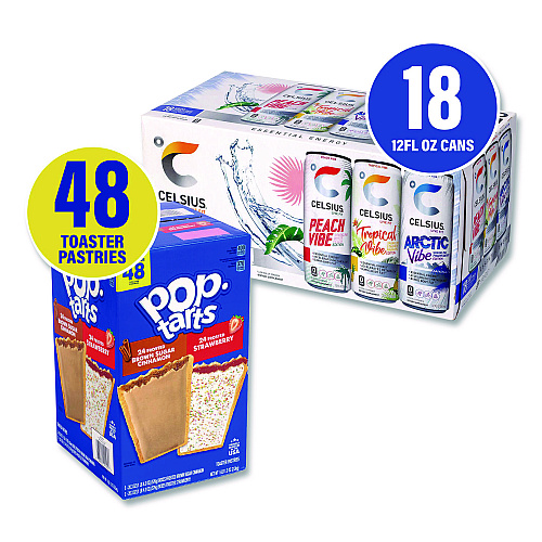 Kellogg's Celcius Vibe and Pop Tarts Variety Combo Pack,(18) 12oz Cans,(24) Frosted Strawberry/(24) Frosted Brown Sugar Cinnamon/Bundle (60004172)