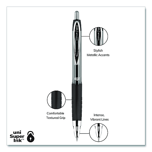 uni-ball Signo 207 Gel Pen, Retractable, Medium 0.7 mm, Black Ink, Clear/Black Barrel, 5/Pack (1960239)