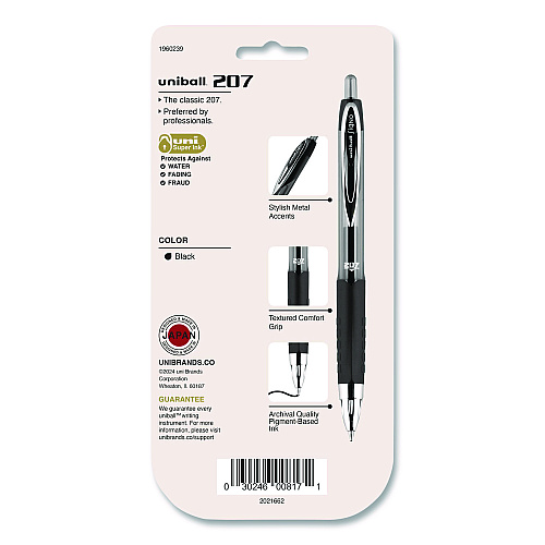 uni-ball Signo 207 Gel Pen, Retractable, Medium 0.7 mm, Black Ink, Clear/Black Barrel, 5/Pack (1960239)