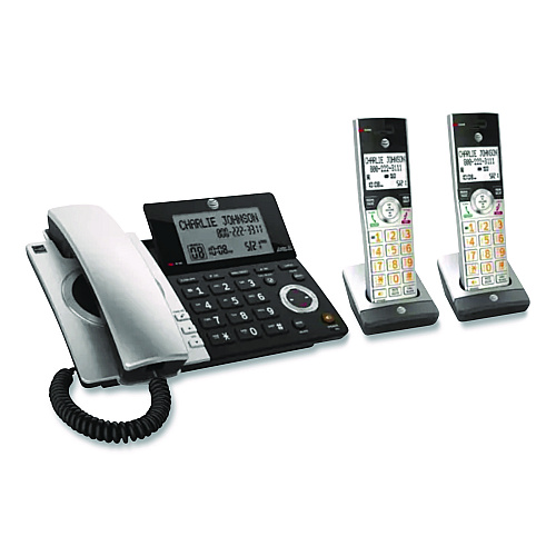 AT&T CL84207 Corded/Cordless Phone, Corded Base Station and 2 Additional Handsets, Black/Silver