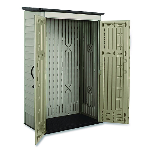 Rubbermaid Vertical Storage Shed, 53 cu ft, 2.5 ft x 4 ft x 7 ft, Sandstone/Faint Maple (5L3000SDONX)