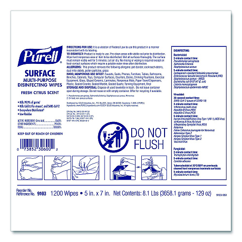 PURELL Surface Multi-Purpose Disinfecting Wipes, 1-Ply, 5 x 7, Fresh Citrus, White, 2/Carton (910302CT)