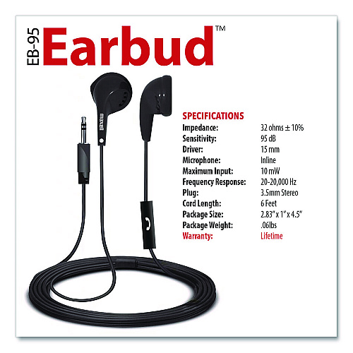 Maxell EB95 Wired Earbuds with Mic, Black (199846)