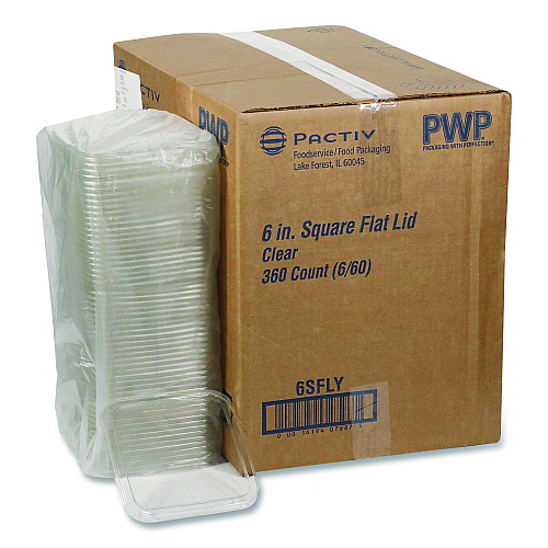 Pactiv EarthChoice Recycled PET Container Lid, for 6" Square RPET Containers, 6.25 x 0.39 x 6.25, Clear, Plastic, 360/Carton (6SFLY)