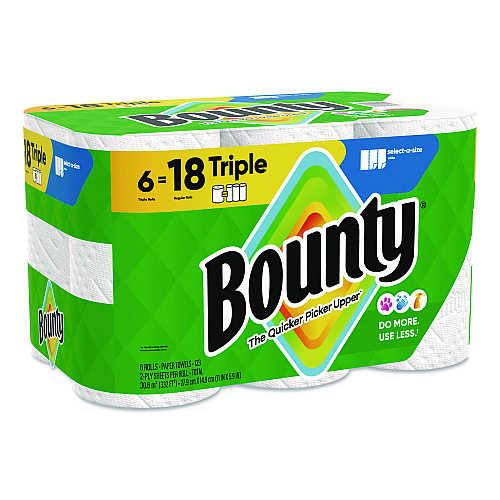 Bounty Select-a-Size Kitchen Roll Paper Towels, 2-Ply, 5.9 x 11, White, 123 Sheets/Triple Roll, 6 Rolls/Carton (16020)