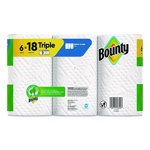 Bounty Select-a-Size Kitchen Roll Paper Towels, 2-Ply, 5.9 x 11, White, 123 Sheets/Triple Roll, 6 Rolls/Carton (16020)