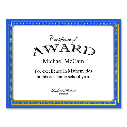Geographics Tree Free Award Certificates, 8.5 x 11, White with Elegant Blue/Gold Border, 15/Pack (49949)