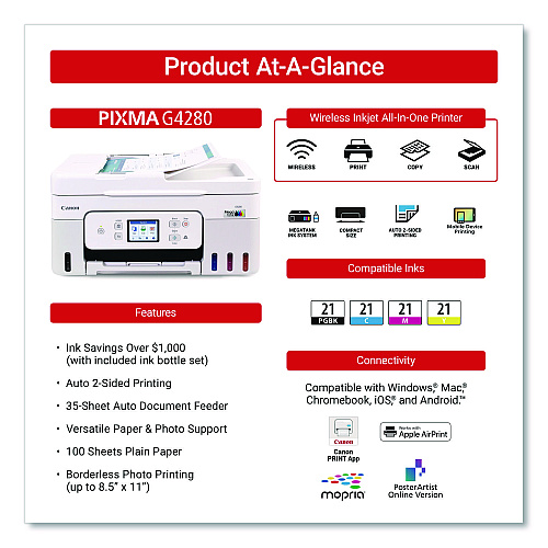 Canon PIXMA G4280 MegaTank All-in-One Inkjet Printer, Copy/Print/Scan (6704C022)