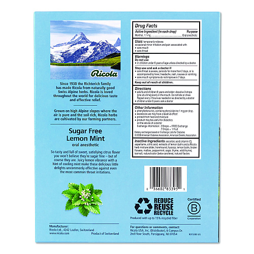 Ricola Sugar-Free Lemon Mint Herb Throat Drops, 65/Bag, 2 Bags/Pack (22002531)