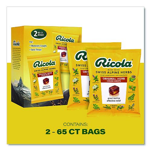 Ricola Cough Drops, Original Herb, 65/Bag, 2 Bags/Pack (22002532)