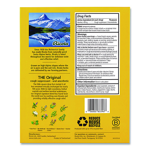Ricola Cough Drops, Original Herb, 65/Bag, 2 Bags/Pack (22002532)