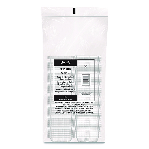 Dart Microwaveable Hinged Containers, ProPlanet, 3 Compartments, 9 x 8.75 x 3, Clear, Plastic,150/Carton (90PPHT3)