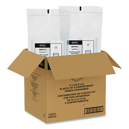 Dart Microwaveable Hinged Containers, ProPlanet, 3 Compartments, 9 x 8.75 x 3, Clear, Plastic,150/Carton (90PPHT3)