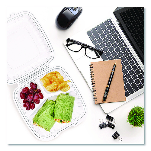 Dart Microwaveable Hinged Containers, ProPlanet, 3 Compartments, 9 x 8.75 x 3, Clear, Plastic,150/Carton (90PPHT3)