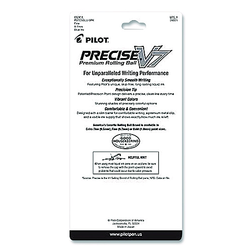Pilot Precise V7 Rollerball Pen, Stick, Fine 0.7 mm, Blue Ink, Blue/Clear Barrel, 5/Pack (26021)