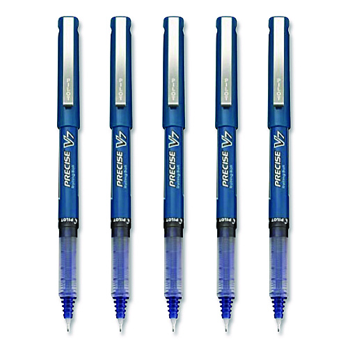 Pilot Precise V7 Rollerball Pen, Stick, Fine 0.7 mm, Blue Ink, Blue/Clear Barrel, 5/Pack (26021)