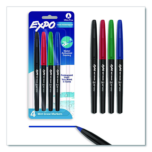 EXPO Wet Erase Marker, Ultra Fine Bullet Tip, Assorted Colors, 4/Set (2134341A)