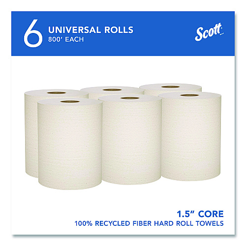 Scott Essential 100% Recycled Fiber Hard Roll Towel, 1-Ply, 8" x 800 ft, 1.5" Core, Brown, 6 Rolls/Carton (56758)