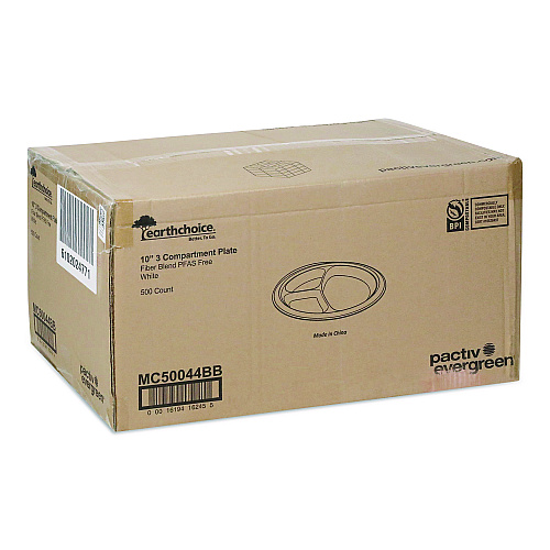 Pactiv EarthChoice PFAS Free Compostable Dinnerware, 3-Compartment Plate, 10" dia, White, 500/Carton (MC50044BB)
