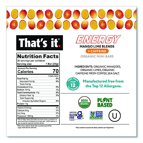 Organic Energy Bars, Mango Lime, 0.7 oz Bar, 36/Box