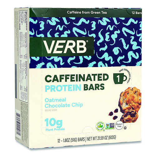 Caffeinated Protein Bar, Oatmeal Chocolate Chip, 1.8 oz Bar, 12/Box