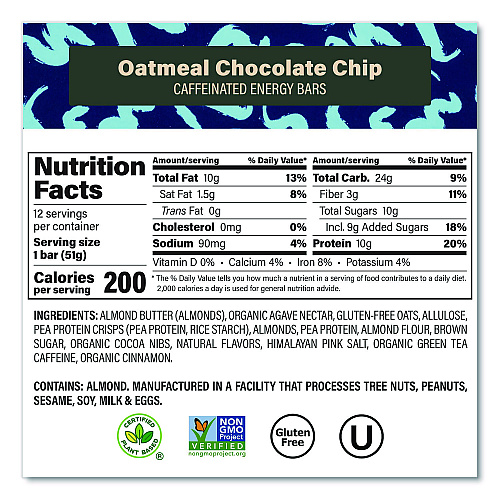 Caffeinated Protein Bar, Oatmeal Chocolate Chip, 1.8 oz Bar, 12/Box