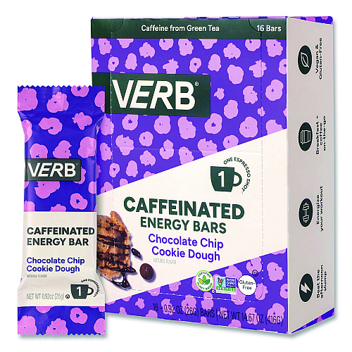 Caffeinated Energy Bar, Chocolate Chip Cookie Dough, 0.92 oz Bar, 16/Box