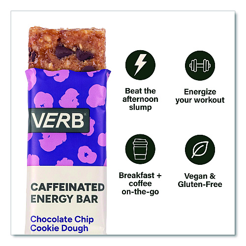 Caffeinated Energy Bar, Chocolate Chip Cookie Dough, 0.92 oz Bar, 16/Box